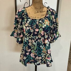Chenault Dark Blue Floral Print Blouse
